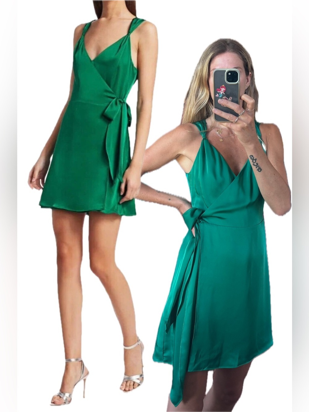 NWT Ramy Brook Emerald Jade Green Satin Charmeuse Mini Knot Detail Wrap Dress